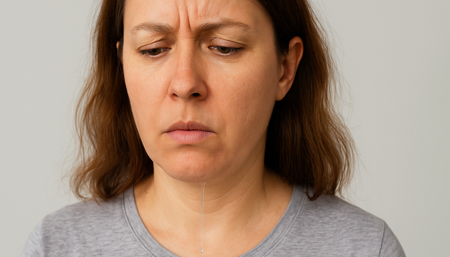 En kvinne ser bekymret ut mens spytt renner fra munnen, illustrerer økt spyttproduksjon.