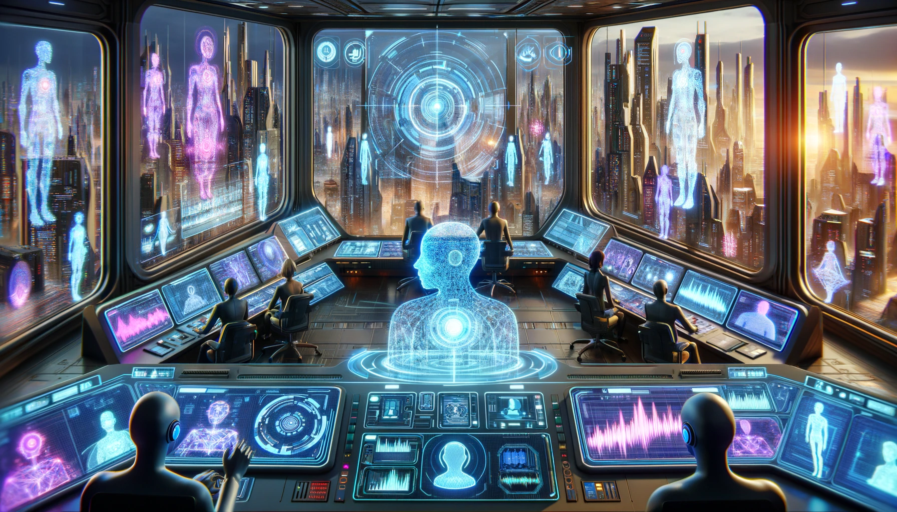 Futuristic control room with AI holograms and advanced technology interfaces. Multiple operators manage and interact with holographic displays of human figures and data analytics, overlooking a cityscape filled with skyscrapers. The scene highlights the integration of AI technologies in monitoring and decision-making processes.