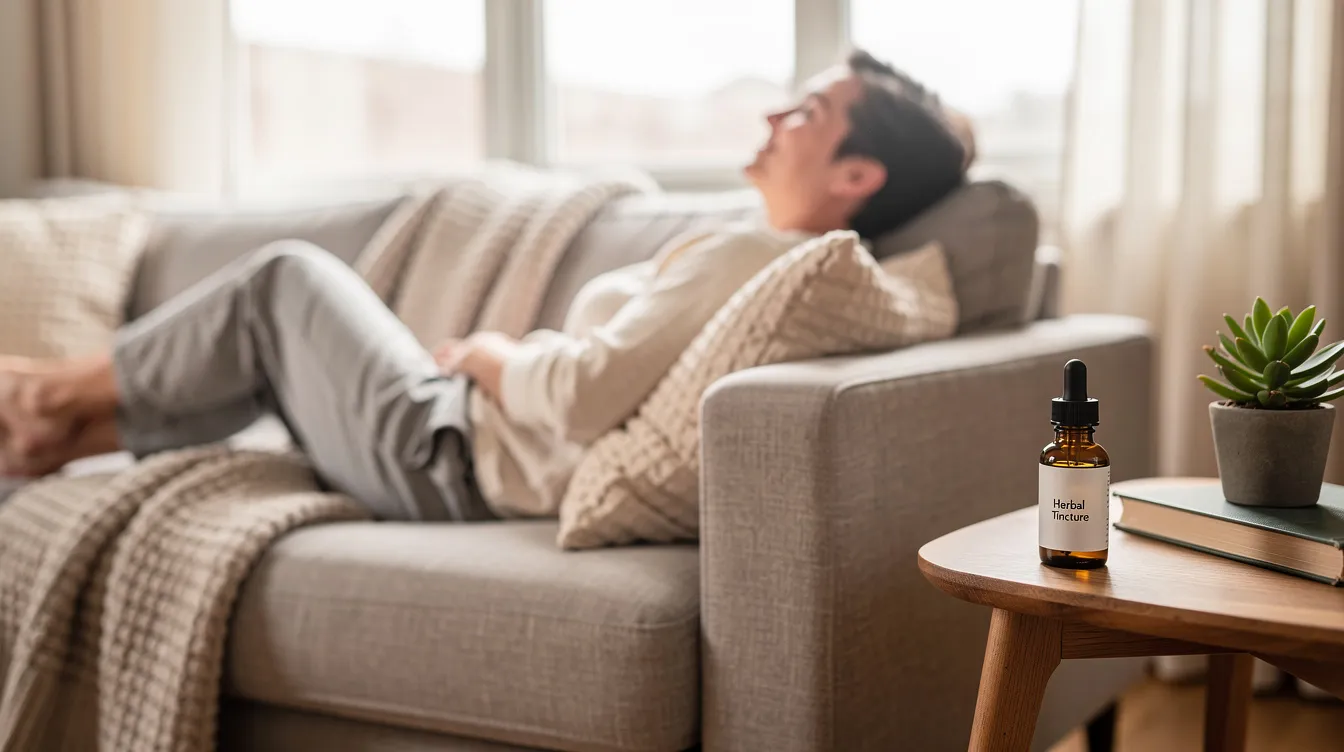 An adult is comfortably relaxing on a couch in a serene living room, with a small tincture bottle made from hemp-derived cannabinoids placed on the side table, reflecting the growing acceptance of medical cannabis and hemp products in Massachusetts. The setting emphasizes a calm atmosphere, suitable for enjoying the benefits of legal hemp and its derivatives.
