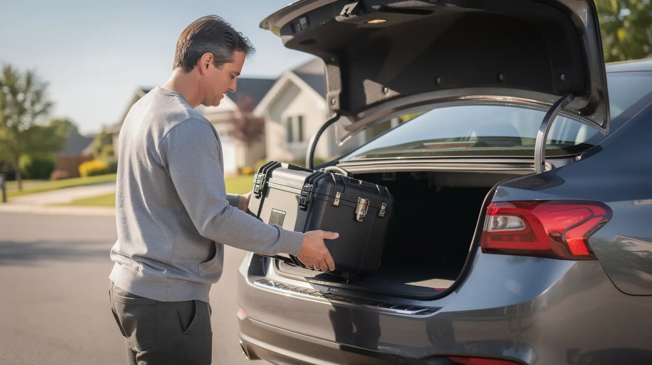 A person is safely placing a locked firearm case into the trunk of a vehicle, demonstrating responsible handling of firearms in accordance with Ohio gun laws. This action reflects adherence to state and federal regulations regarding the transportation of firearms.