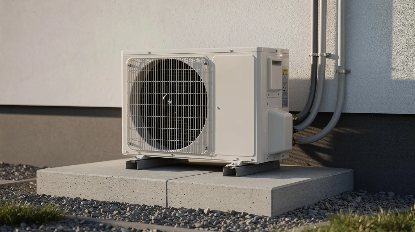 The image shows an inverter air conditioner outdoor condenser unit installed on a sturdy concrete base, designed for efficient cooling and heating with a capacity of 24,000 BTU. This split air conditioner unit is ready for installation, providing reliable air relief for indoor spaces.