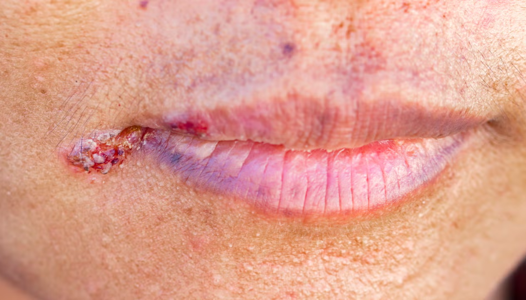 Sår i munnviken – Hva skyldes det og hvordan bli kvitt det? 11 Nærbilde av munn med sår og blemme i munnviken, tegn på mulig infeksjon eller vitaminmangel.