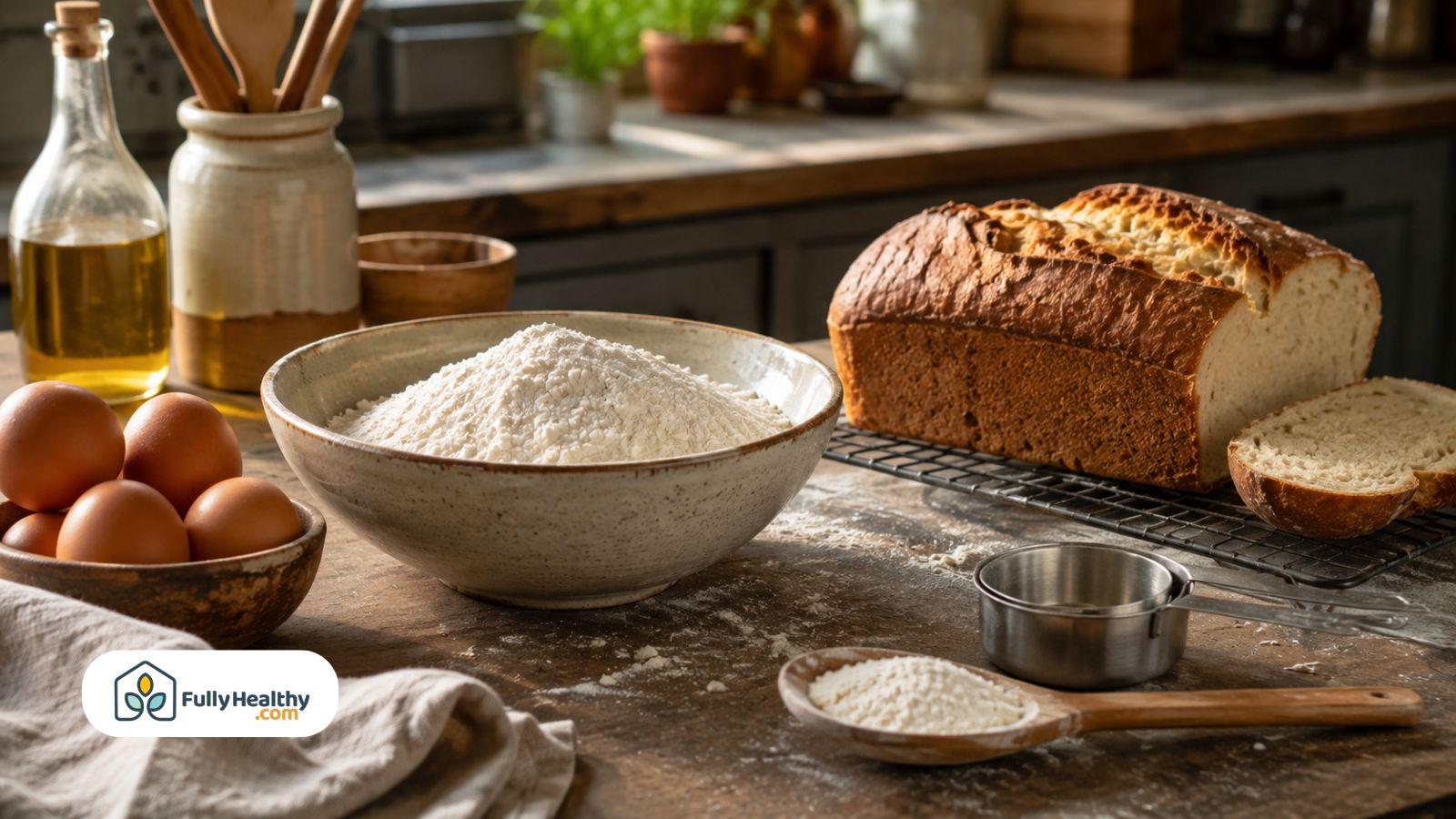 Cassava flour with eggs measuring tools and freshly baked bread