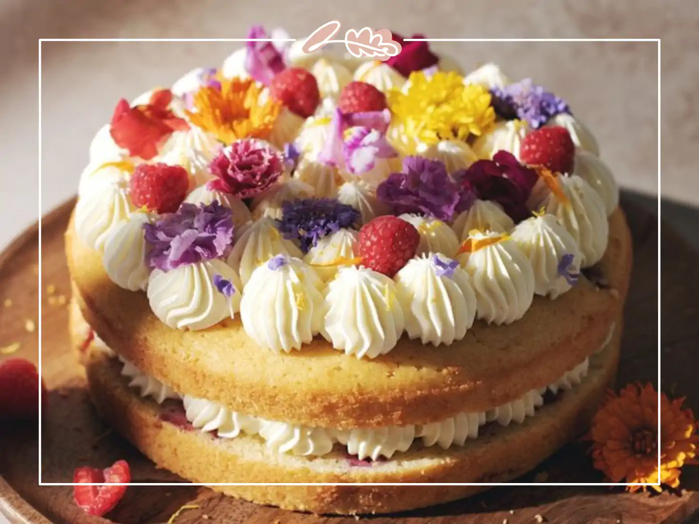 Cake beautifully decorated with colorful edible flowers and berries. Fabulous Flowers and Gifts.