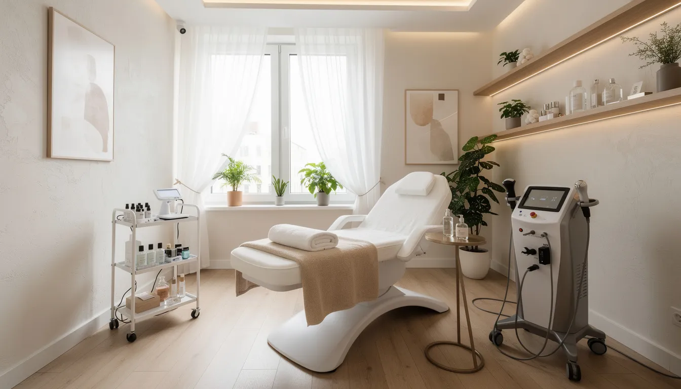 Wnętrze warszawskiego gabinetu kosmetologicznego, urządzone w przytulnym stylu, z nowoczesnym wyposażeniem, oferuje zabiegi takie jak manualne oczyszczanie twarzy oraz głębokie oczyszczanie skóry, które poprawiają jej strukturę i przywracają zdrowy wygląd. W gabinecie panuje relaksująca atmosfera, sprzyjająca regeneracji skóry i jej intensywnej pielęgnacji.