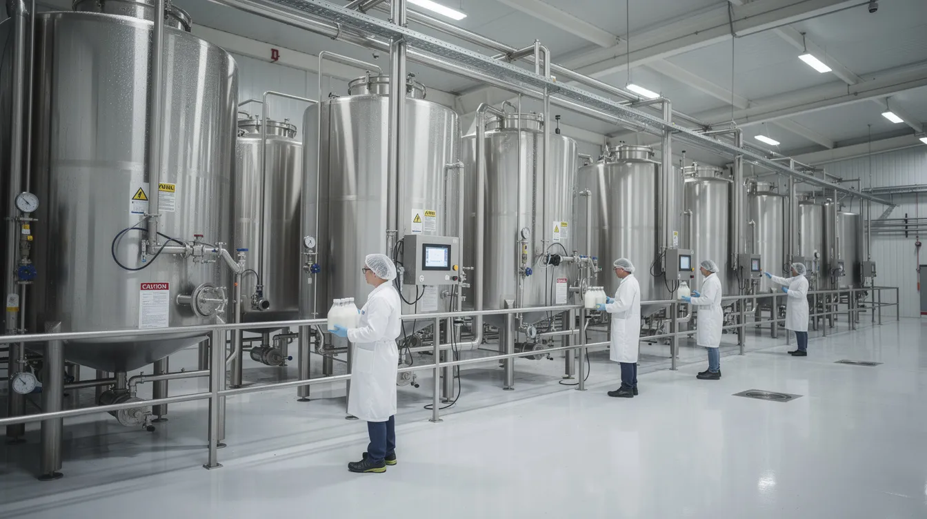 The image depicts the interior of a modern dairy processing plant, featuring large stainless steel tanks and intricate piping systems, where workers in white coats are engaged in the dairy manufacturing process. This facility utilizes automated dairy processing equipment to handle raw milk and produce a variety of fluid milk products, ensuring food safety and extended shelf life through advanced aseptic filling methods.