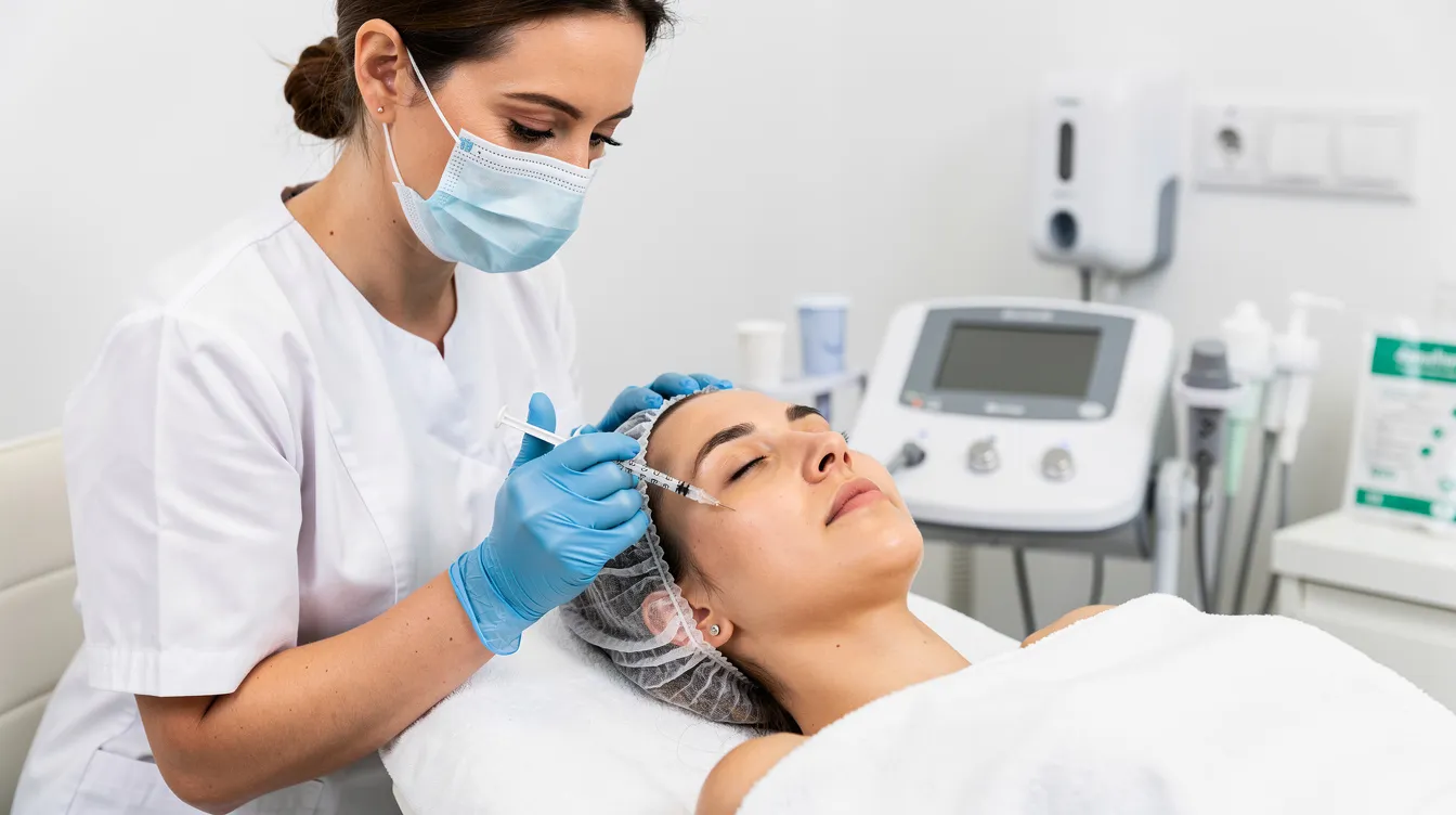 A medical professional is performing a non surgical rhinoplasty procedure using dermal fillers on a patient lying on a treatment bed in a clean clinical setting. The clinician is focused on enhancing the patient's nasal shape and achieving their desired aesthetic goals with minimal downtime.