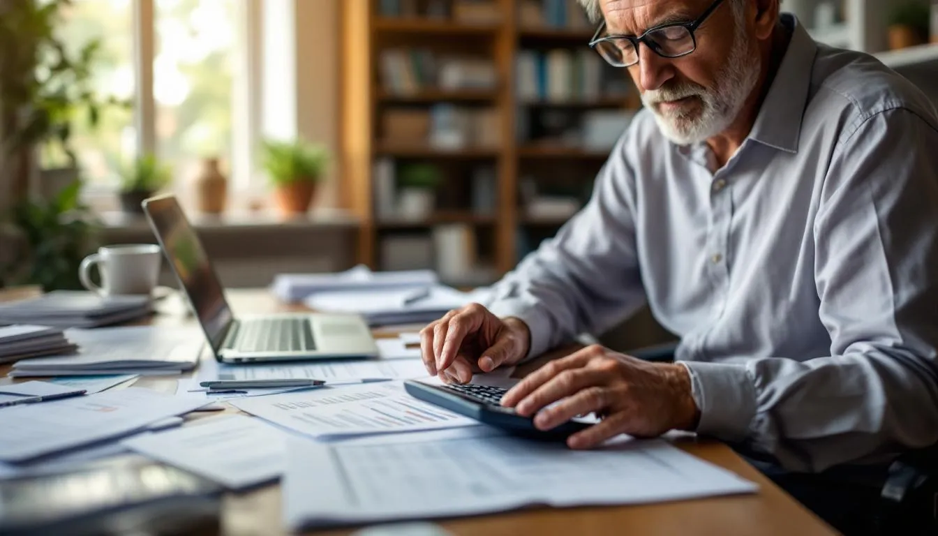 A person is sitting at a desk, focused on using a calculator while reviewing their retirement account statements, which include details about required minimum distributions (RMDs) and other aspects of their retirement planning. The scene emphasizes the importance of understanding retirement accounts, such as traditional IRAs and Roth IRAs, for effective financial management.