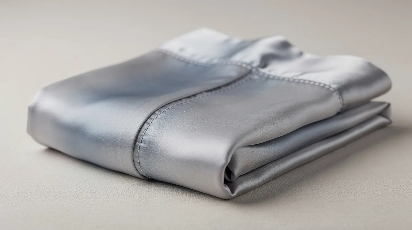 The image features a folded pure mulberry silk pillowcase, showcasing its smooth sheen and neat stitching, highlighting the benefits of silk pillowcases for sensitive skin and hair. This high-quality silk pillowcase is designed to help reduce sleep wrinkles and hair breakage, making it an ideal choice for a better night's sleep.