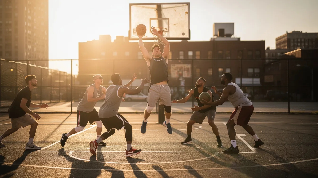 A man is playing basketball with his friends outdoors, showcasing a moment of joy and physical activity. The scene captures the essence of everyday life and the importance of spending time with mutual friends, creating new memories and fostering positive relationships.