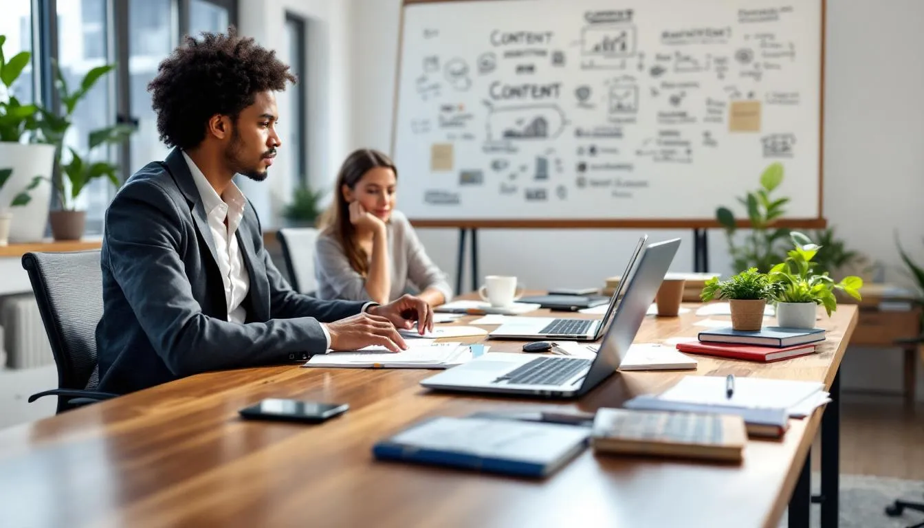 The image illustrates the concept of "Content Marketing as a Cornerstone of Your Marketing Strategy," showcasing various digital marketing elements such as content creation, social media management, and digital strategies, emphasizing the importance of a comprehensive approach for businesses aiming to enhance their digital presence. It highlights the role of leading digital marketing agencies in crafting effective marketing strategies that drive online visibility and engagement.