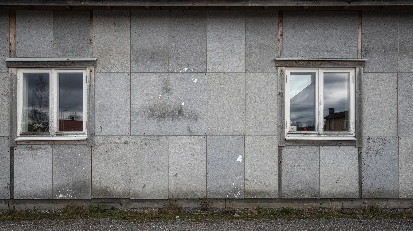 Vanha rivitalon julkisivu, jossa näkyy harmaita sementtikuitulevyjä puurunkoon kiinnitettynä. Tällaiset rakennusmateriaalit voivat sisältää asbestia, joten on tärkeää tunnistaa, onko niitä käytetty rakennuksessa ennen remonttia.