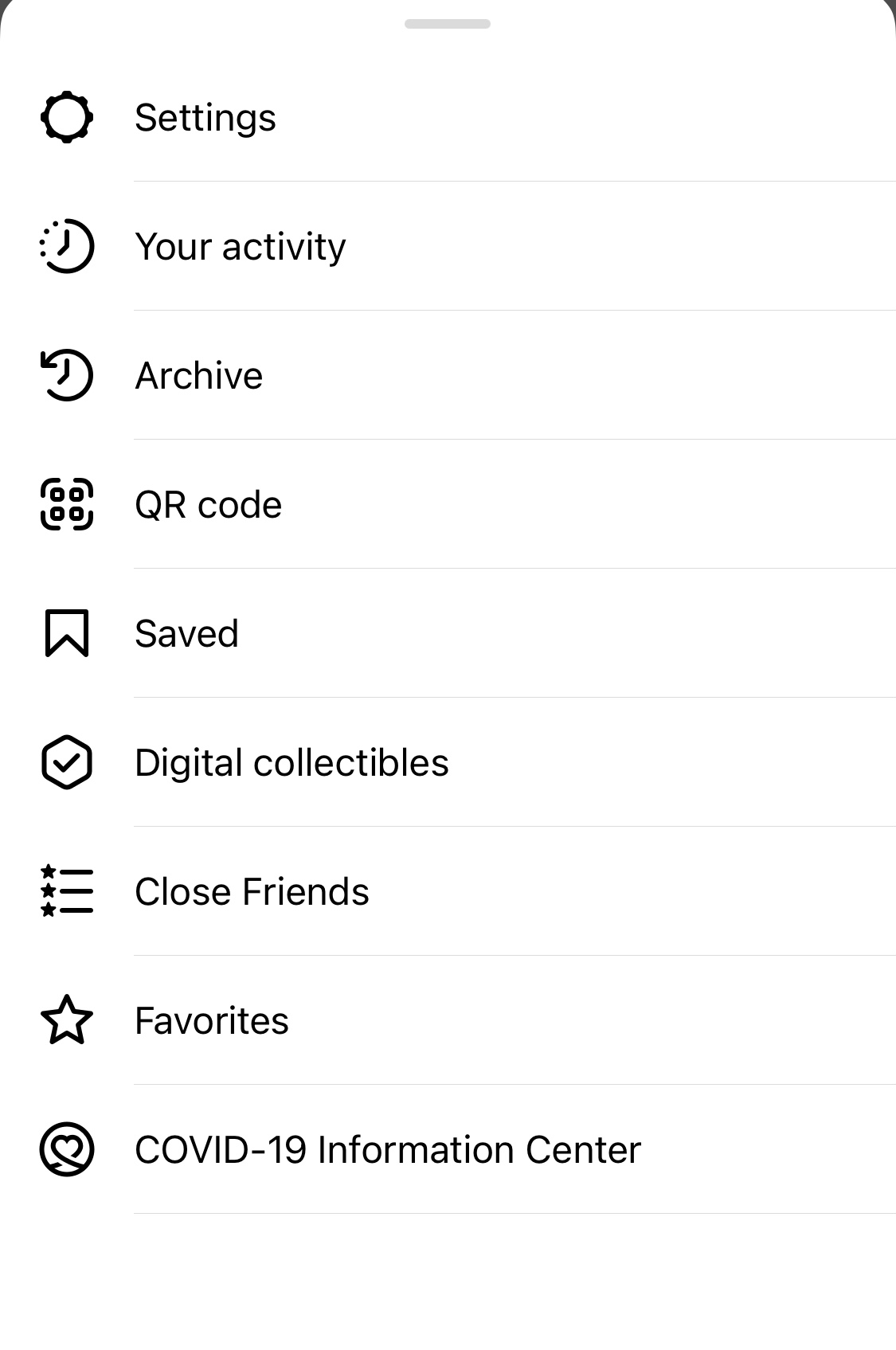 Screenshot of Instagram menu