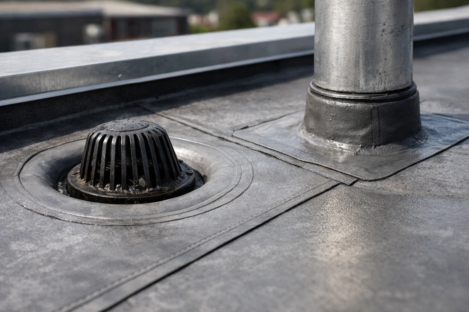 Close-up of commercial flat roof detailing including drainage, seams and flashing.