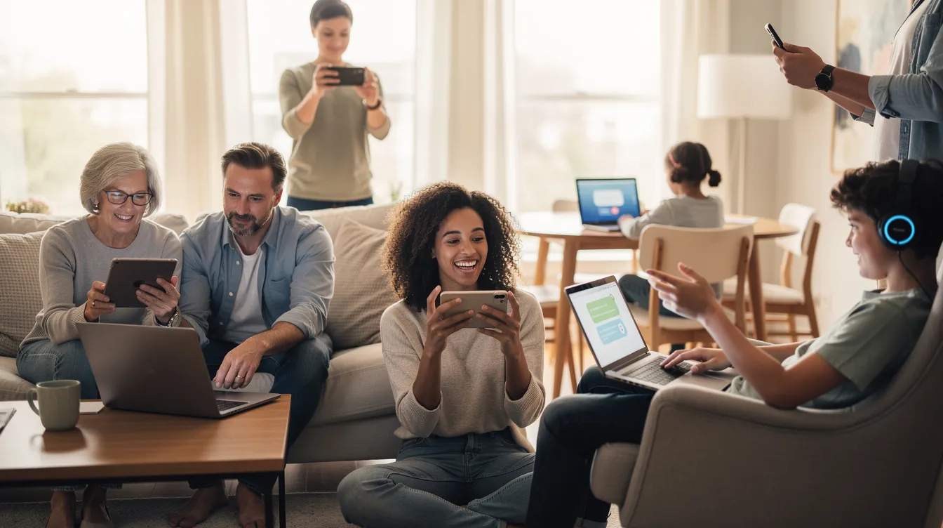 La imagen muestra a un grupo diverso de personas de diferentes edades utilizando dispositivos como teléfonos, tabletas y laptops para comunicarse. Esta interacción resalta la importancia de la experiencia del cliente y cómo cada punto de contacto puede influir en la satisfacción del cliente y la relación con la marca.