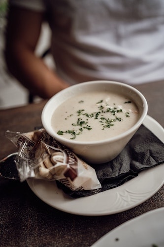 New England clam chowder, a delicious local seafood soup sold throughout Connecticut's shoreline