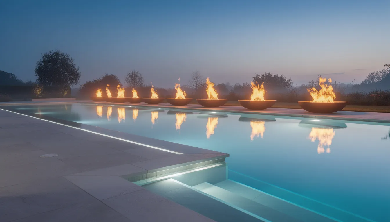 A modern swimming pool at dusk features elegant fire bowls that cast warm reflections on the water's surface, creating a cozy atmosphere. This inviting outdoor space combines fire and water elements, enhancing the pool area with dramatic visual appeal for evening gatherings.