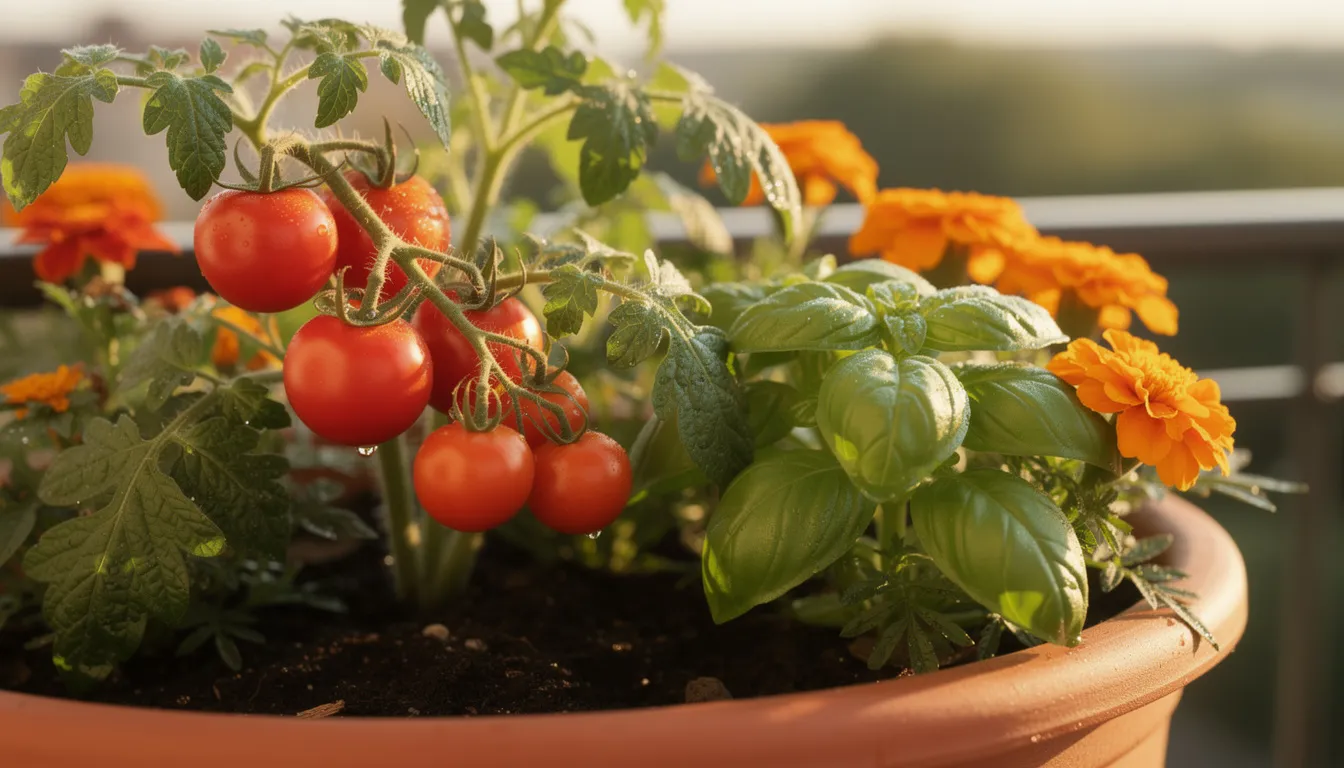 A close-up view of a vibrant container garden featuring ripe cherry tomatoes, fragrant basil, and bright orange marigolds, all flourishing together in ceramic pots. This small balcony garden showcases the beauty of container gardening, perfect for growing vegetables and colorful annuals in limited space.