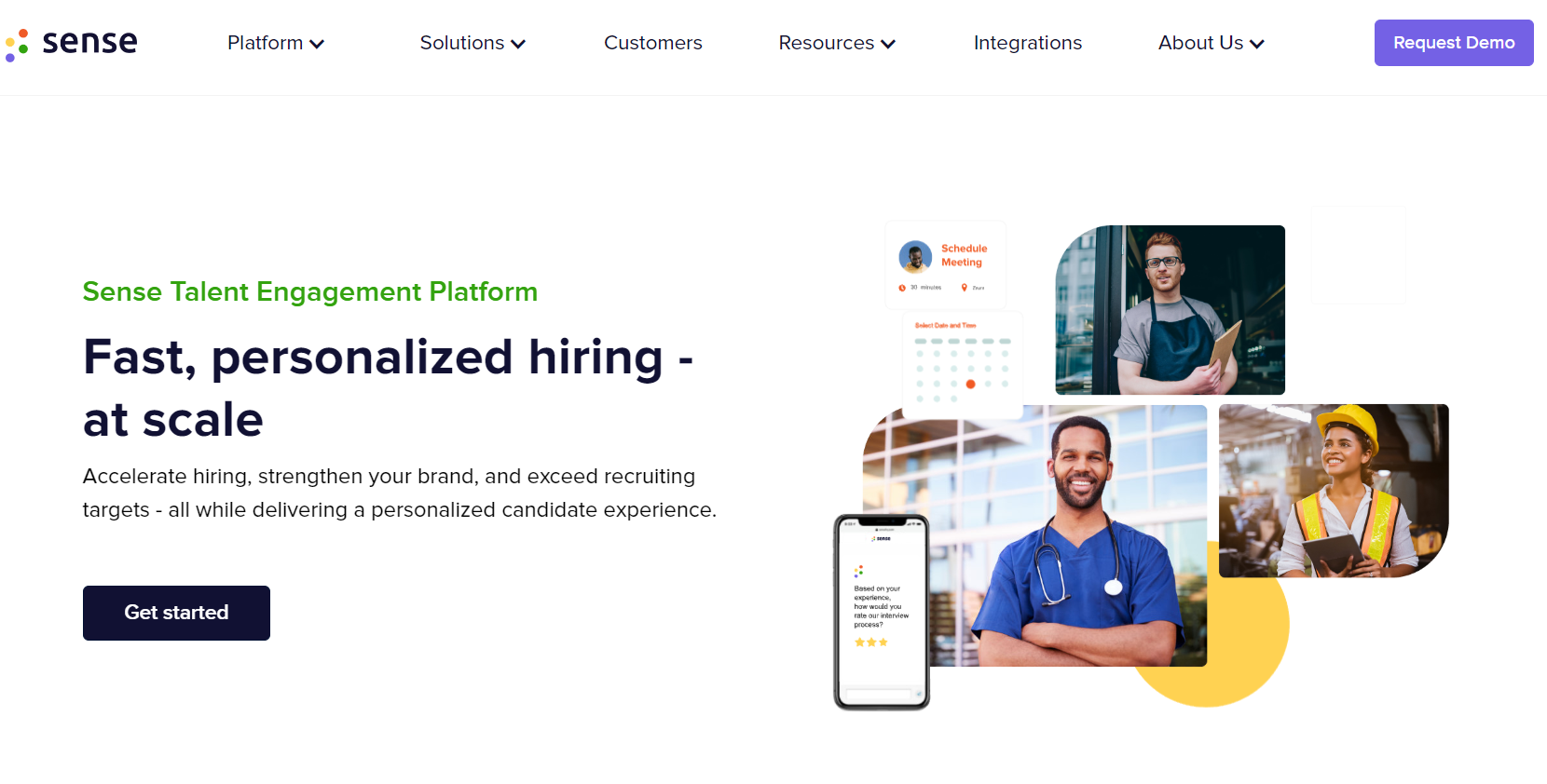 The image displays Sense's main page, which has a white background and navy blue letters. At the top right of the page, three happy individuals smile, accompanied by a schedule that illustrates the tool's process. The objective is to support fast, personalized hiring at scale.