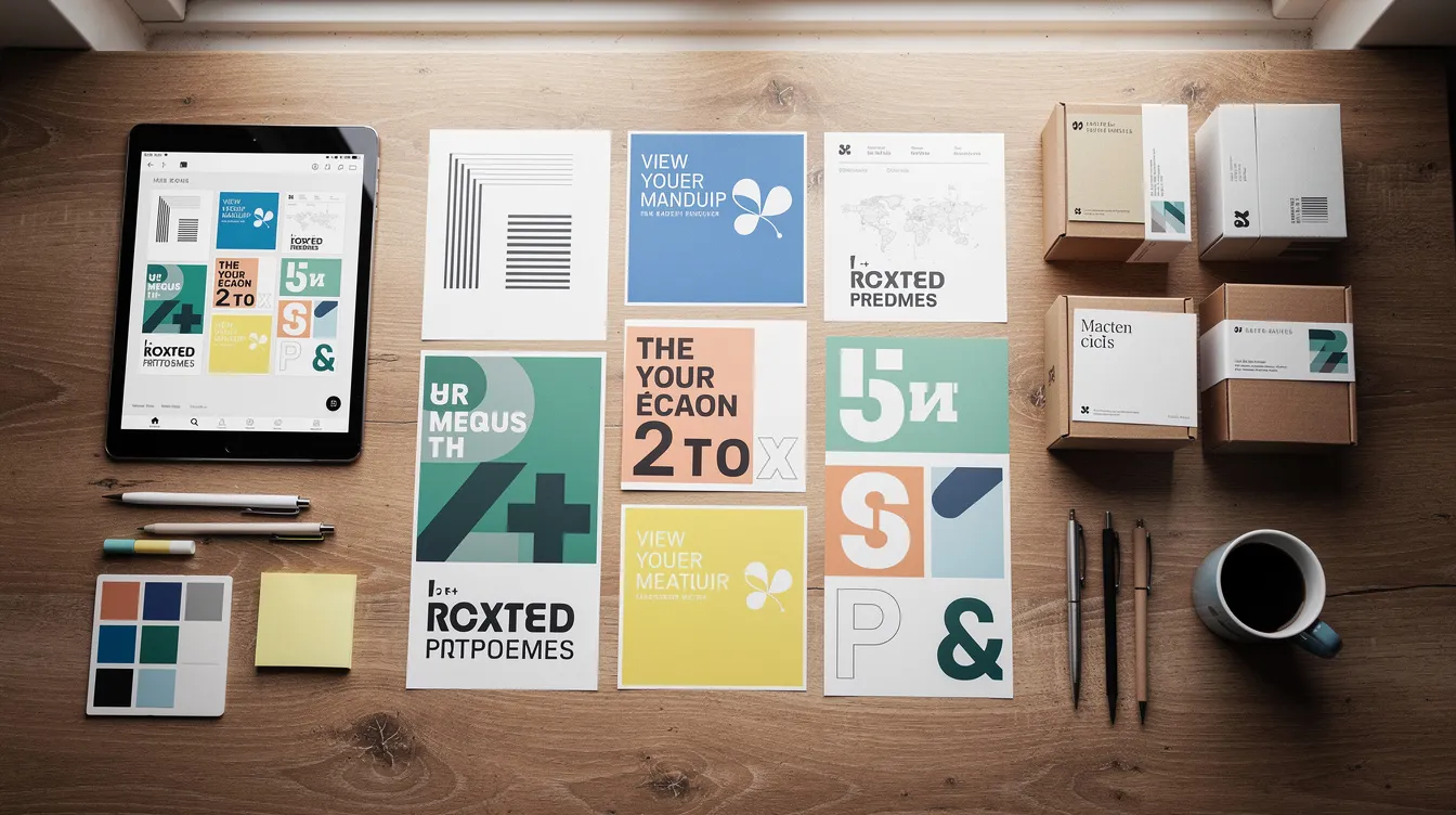 The image depicts a creative desk cluttered with printed designs, a tablet, and various packages, showcasing tools for business ideas and digital products. It reflects the potential of using AI tools to generate income and streamline business processes.