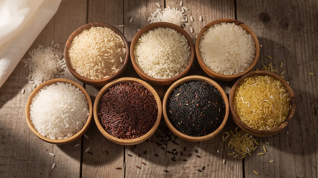 25f6d655 eebf 4abe 90e1 66dd22ef1923 The image features several bowls filled with different varieties of raw rice, including white rice and parboiled rice, each showcasing their unique textures and colors. This display highlights the diversity of rice grains, which are essential in the puffed rice industry and various food applications such as breakfast cereals and crispy puffed snacks.
