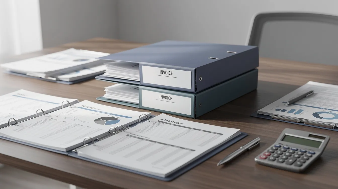 A neatly arranged collection of business documents and files sits on a desk, featuring invoice folders that may include essential paperwork for loan applications and financial assistance, such as those related to the Mudra scheme for micro enterprises. The organized setup suggests a focus on successful loan management and business planning within a financial institution.