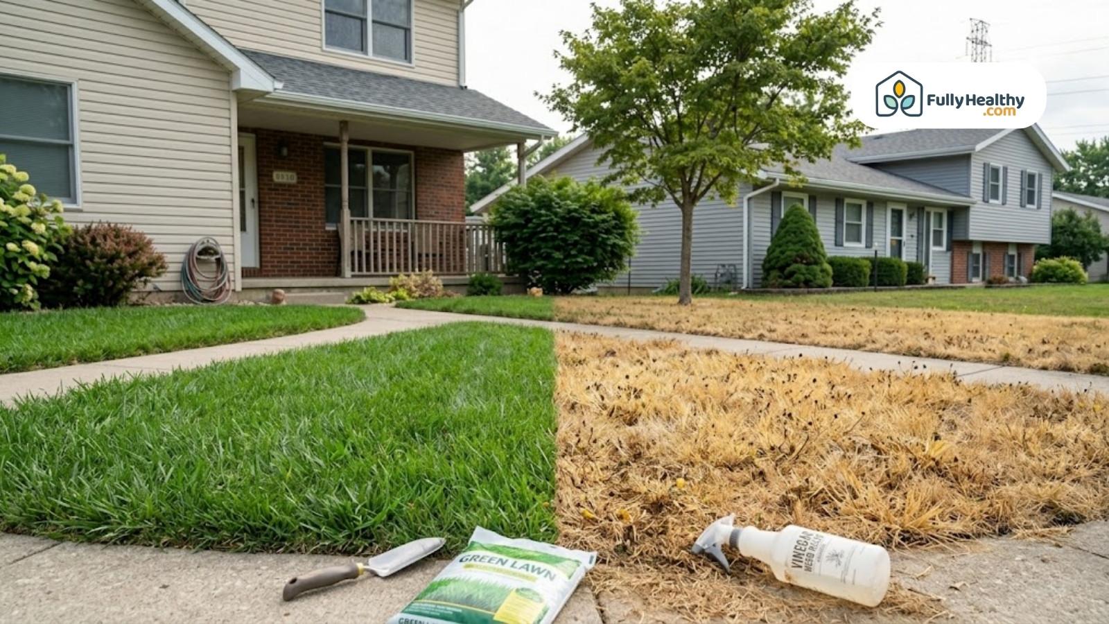 Comparison of healthy green lawn and dead grass after weed treatment