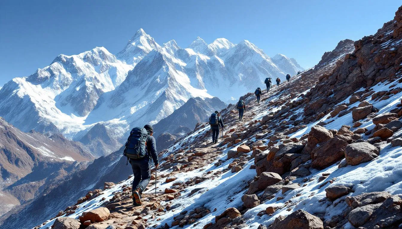 A group of trekkers is seen ascending the rocky terrain towards the summit of Mount Toubkal, North Africa's highest peak, with majestic snow-capped peaks of the High Atlas Mountains in the background. The scene captures the adventurous spirit of hiking in Morocco, showcasing the rugged beauty of Toubkal National Park.