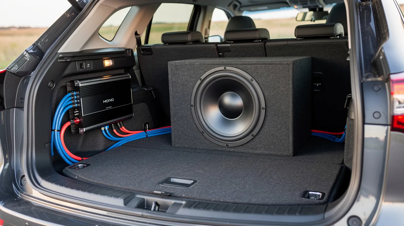 The image depicts a car audio amplifier and subwoofer installation in the cargo area of a vehicle, showcasing the amplifier connected to the head unit and speaker wires leading to the subwoofer. Various components such as a digital multimeter and bass knob are visible, indicating the process of setting gain and adjusting the system for optimal sound output and bass response.