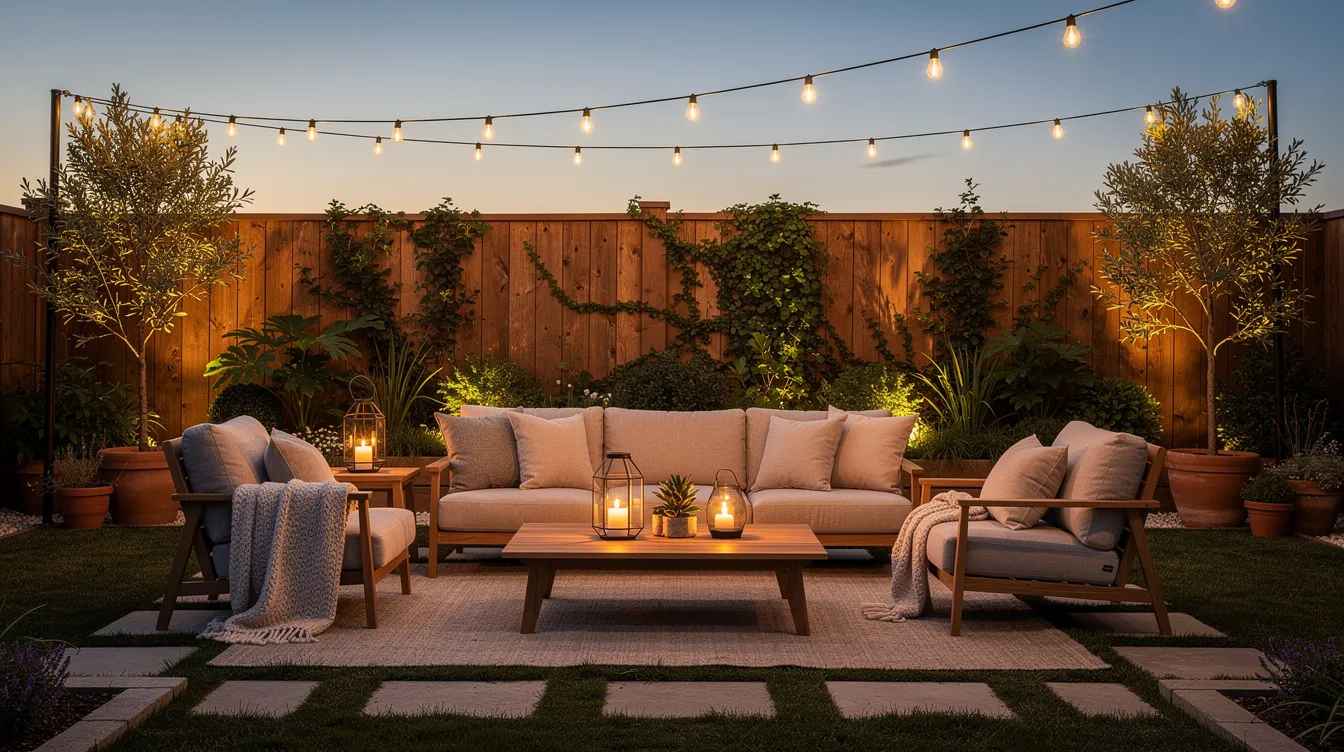 The image features a beautifully staged outdoor patio in a Sacramento backyard, showcasing comfortable seating arrangements adorned with string lights and lush greenery, creating an inviting space perfect for relaxation and entertaining potential buyers. This appealing design highlights current trends in home staging, enhancing the perceived value of the property.