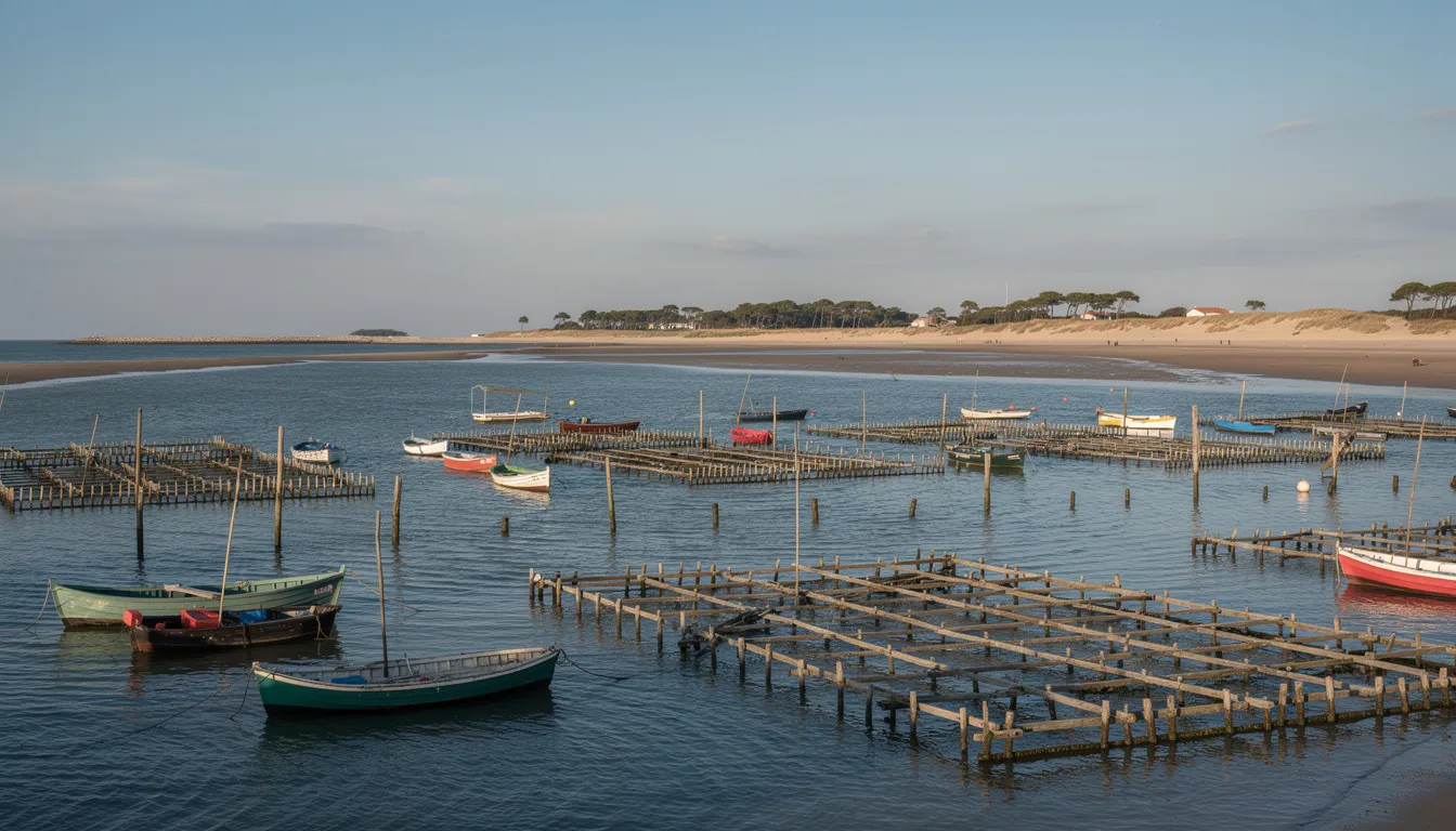 Das Bild zeigt Boote im Bassin d'Arcachon, umgeben von Austernfarmen, mit dem Cap Ferret im Hintergrund. Die Landschaft ist geprägt von der Weite der Bucht von Arcachon und dem Blick auf die Düne von Pilat, die sich majestätisch in der Nähe erhebt.