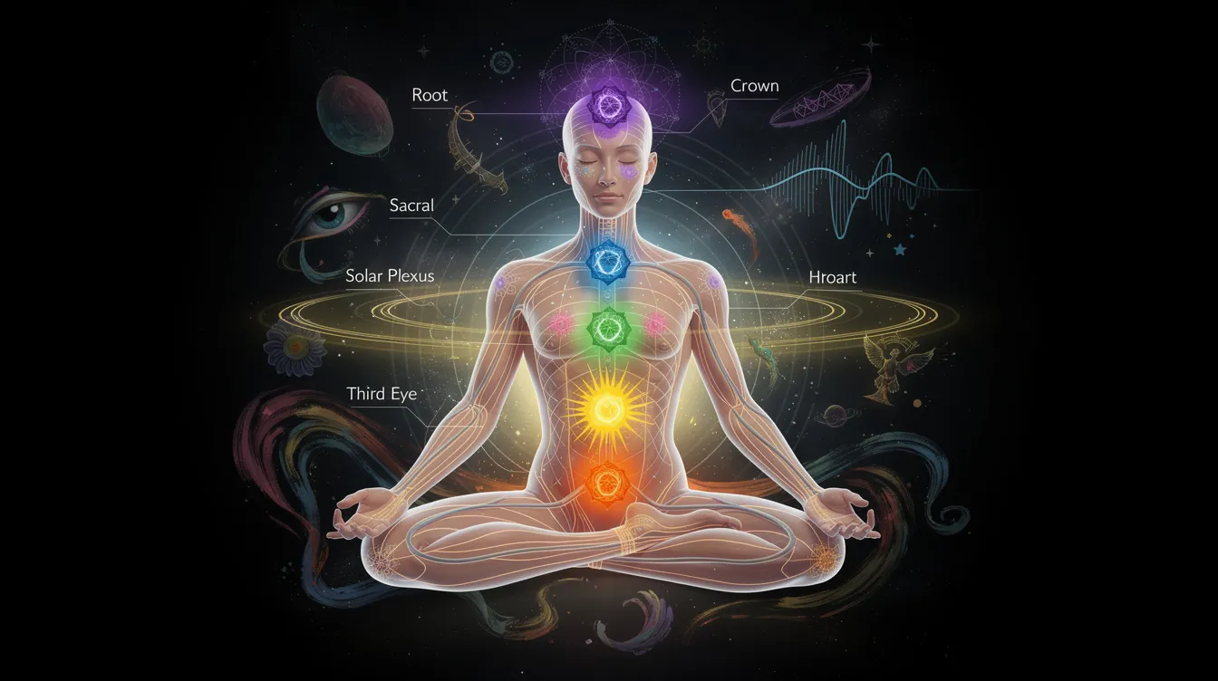 The image depicts the seven chakra stones, each representing one of the body's energy centers, including the root chakra, sacral chakra, solar plexus chakra, heart chakra, throat chakra, third eye chakra, and crown chakra. These colorful crystals, such as rose quartz and lapis lazuli, symbolize the healing properties associated with emotional balance, personal power, and spiritual awareness.