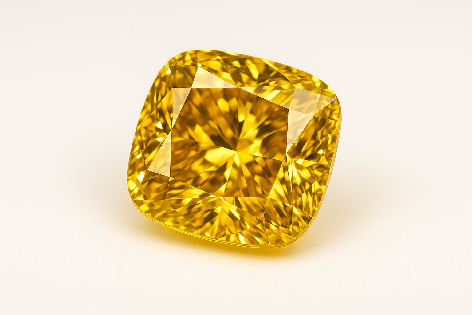 Cushion formos geltonas deimantas ant balto fono – spindintis šiltu aukso atspalviu, simbolizuojantis saulės šviesą ir prabangą.