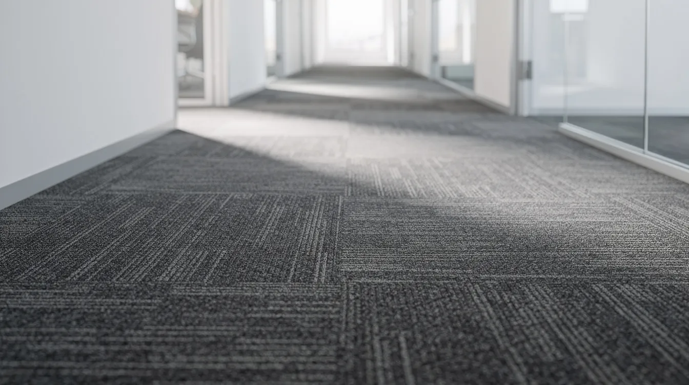 The image shows a close-up view of commercial carpet tiles in a modern office corridor, illuminated by natural light. The carpet fibers appear clean and well-maintained, highlighting the effectiveness of professional carpet cleaning services in enhancing indoor air quality and creating a welcoming environment.