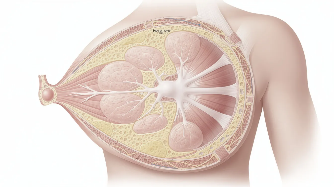 Imagen anatómica en corte transversal de una mama que muestra los conductos galactóforos y el tejido mamario interno, resaltando la estructura del pezón y las posibles anomalías como el pezón invertido. Esta representación ilustra la complejidad del tejido mamario y su relación con condiciones como la retracción del pezón.
