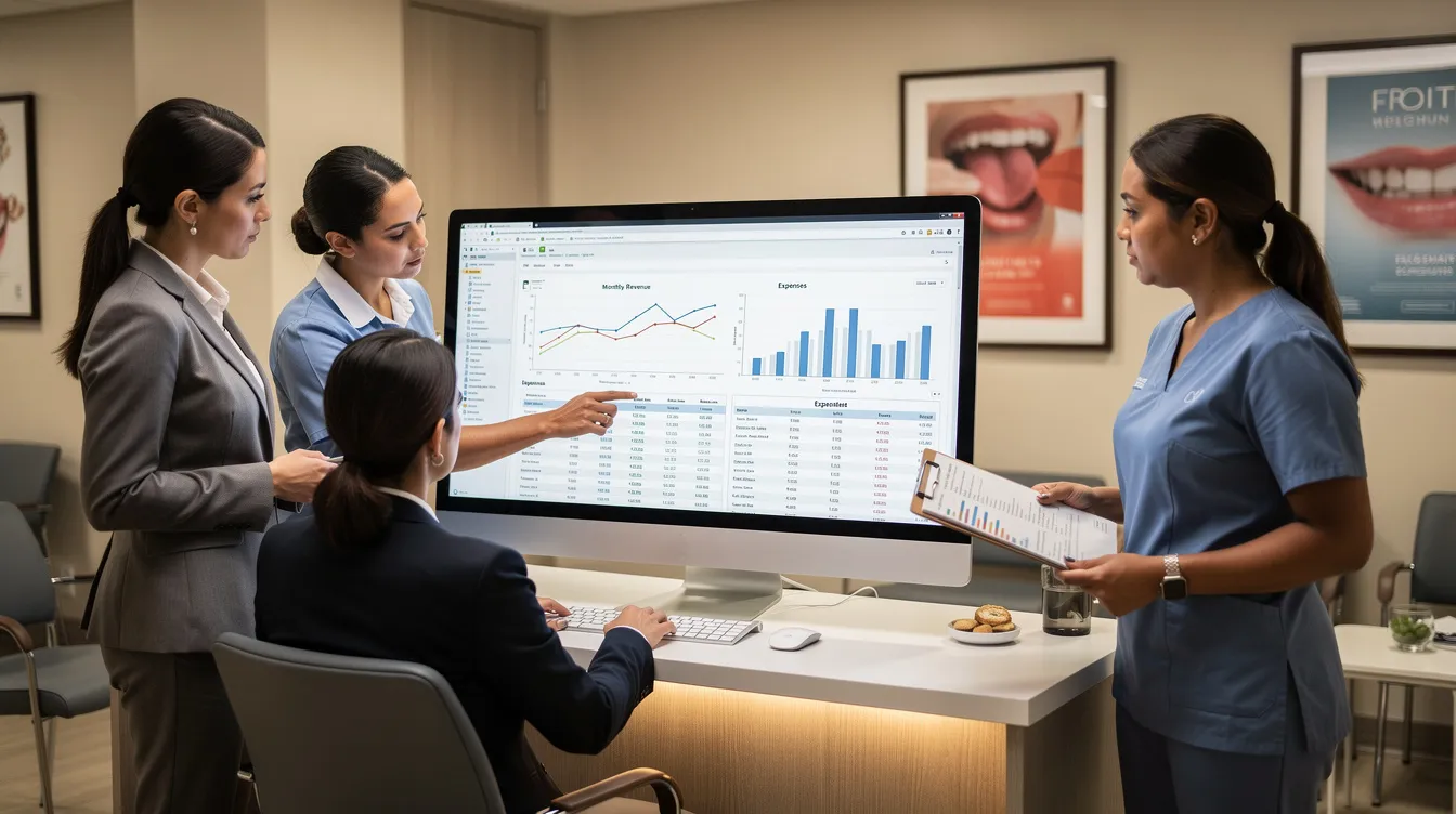 A dental office team is gathered around a computer screen, reviewing financial reports related to the dental billing process. They are focused on analyzing patient billing, insurance claims, and overall revenue cycle management to enhance the financial stability of the dental practice.