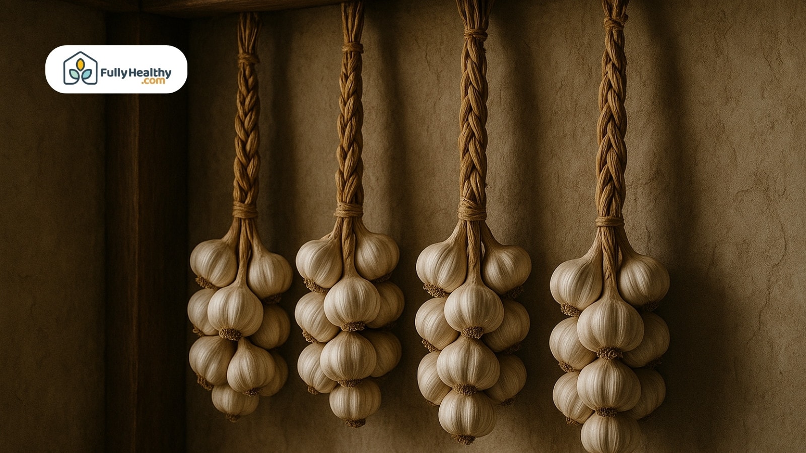 Braided garlic bunches hanging on wall in rustic kitchen setting