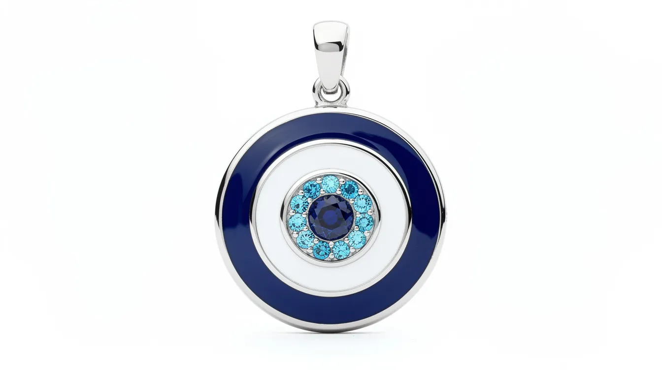 The image showcases a beautifully crafted evil eye necklace pendant, designed in the shape of an eye with concentric circles in deep blue, light blue, and white stones, symbolizing protection against negativity. This best-selling piece is made of sterling silver and hangs elegantly on a chain, reflecting its significance across various cultures.