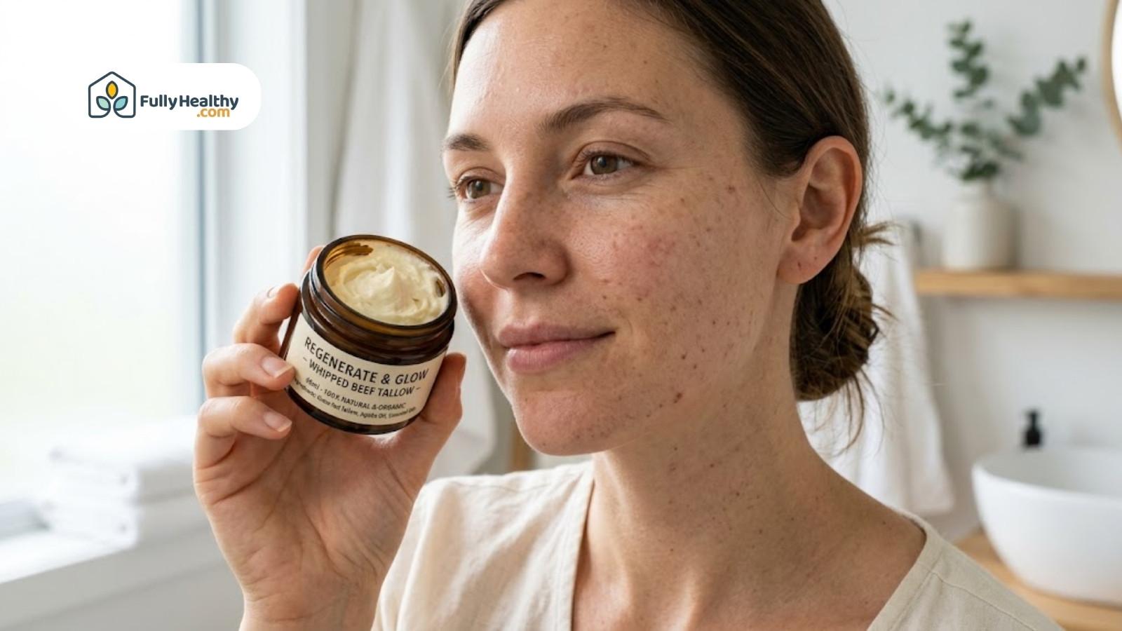 Woman applying whipped beef tallow balm for natural skincare and hydration