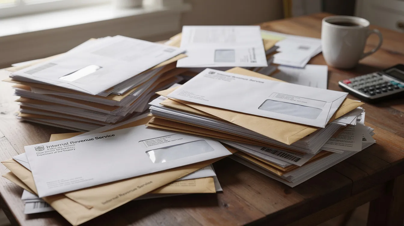 The image depicts stacks of mail labeled as coming from the IRS, indicating important tax documents for self-employed individuals. This correspondence may include tax forms related to self employment taxes, income tax, and business expenses that are essential for filing taxes and managing tax liability.