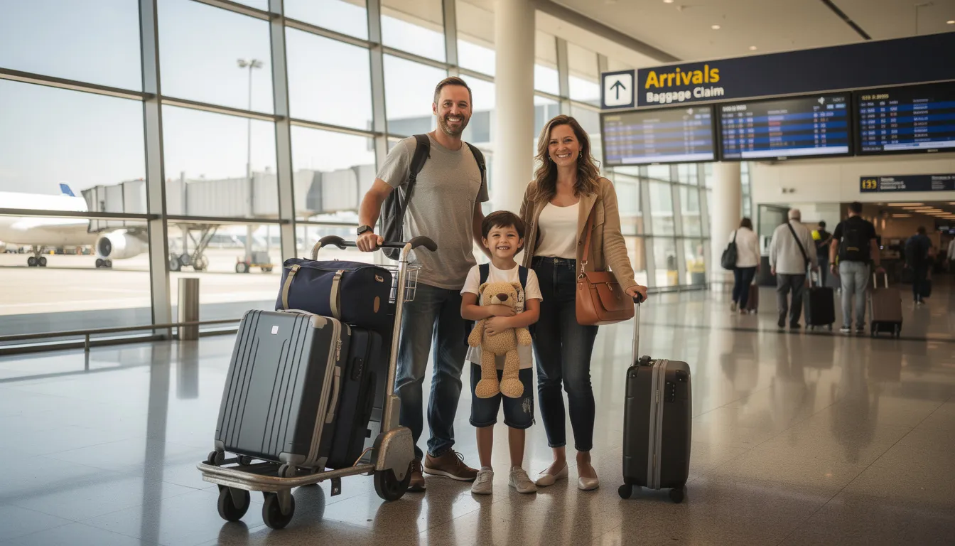 Una familia feliz llega a un aeropuerto estadounidense, cargando su equipaje y sonriendo. Este momento simboliza el inicio de su nueva vida en Estados Unidos, donde podrían explorar oportunidades como el programa EB-5 para obtener la residencia permanente.