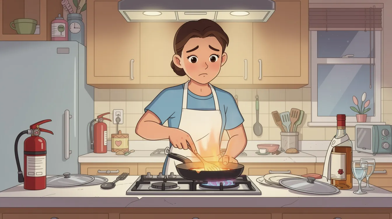 A person cooking in a kitchen with alcohol nearby, stressing the importance of cooking safety.