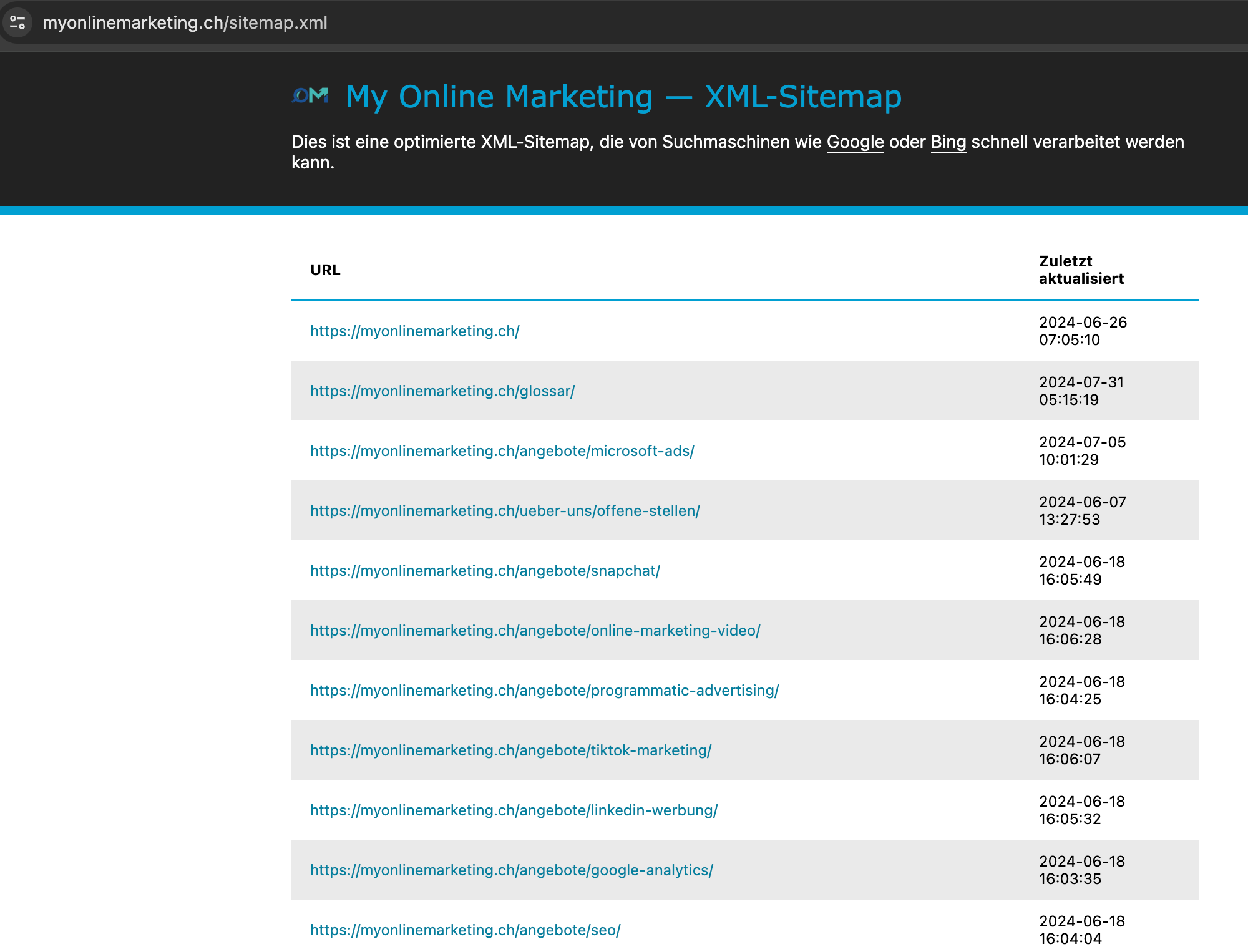 Beispiel für eine XML Sitemap