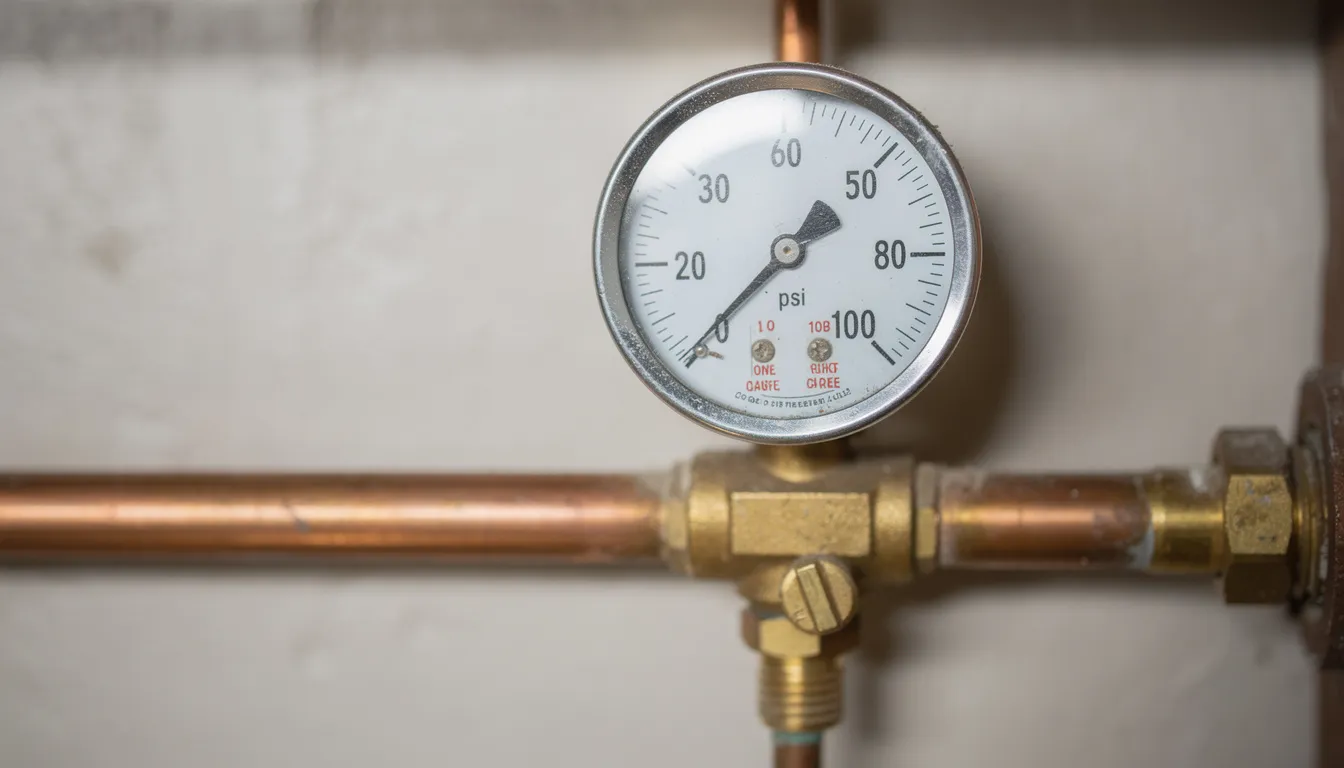 The image depicts a pressure gauge connected to a residential water pipe, indicating the current water pressure levels. This gauge is essential for monitoring consistent water pressure in the plumbing system, helping to identify any potential pressure issues that could affect water quality and flow in the household.