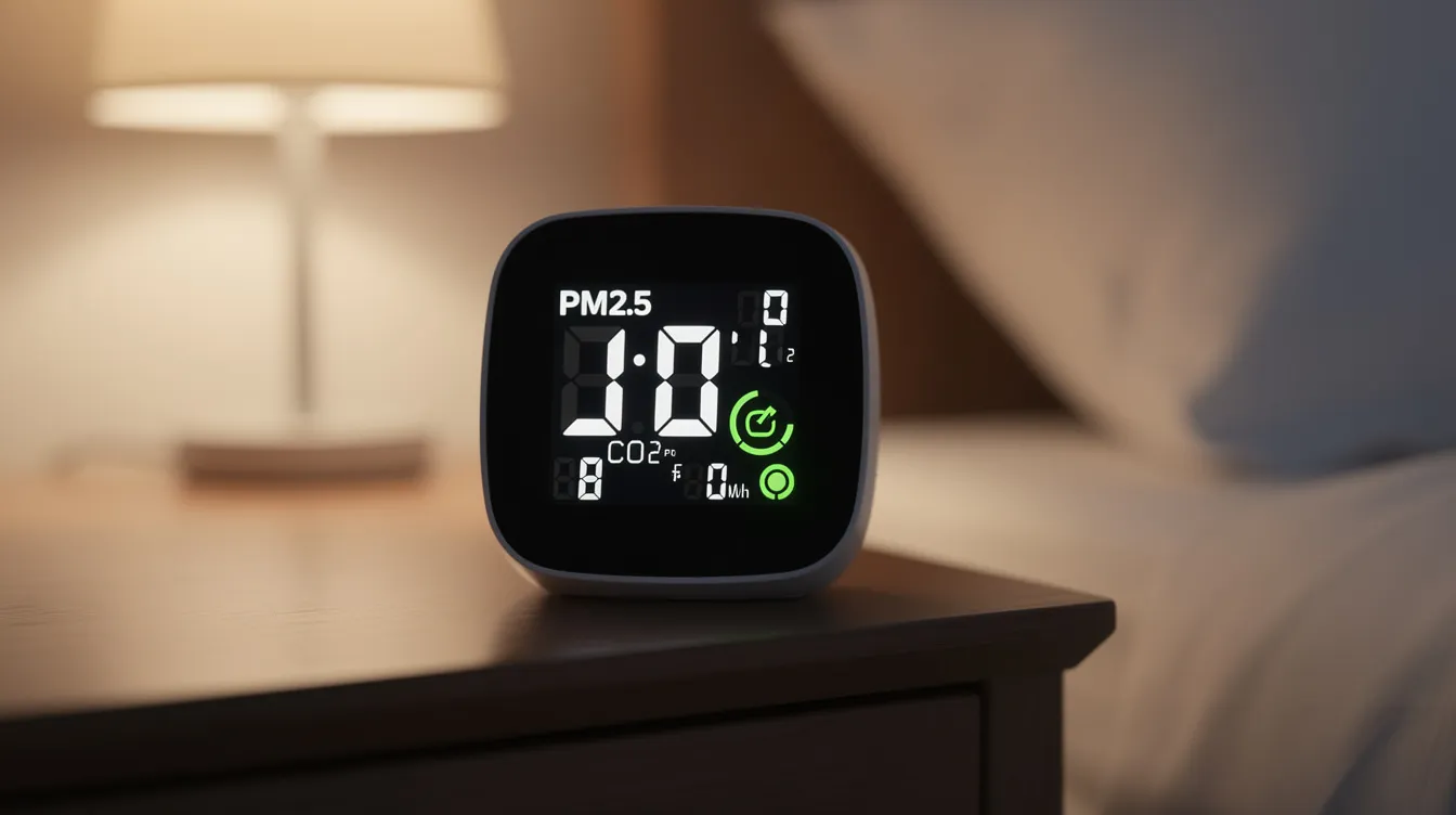 The image shows a small digital air quality monitor placed on a bedside table, displaying readings that indicate the indoor air quality, which can affect sleep quality. This device helps assess factors like humidity levels and indoor pollutants, contributing to a better night&rsquo;s sleep and overall health.