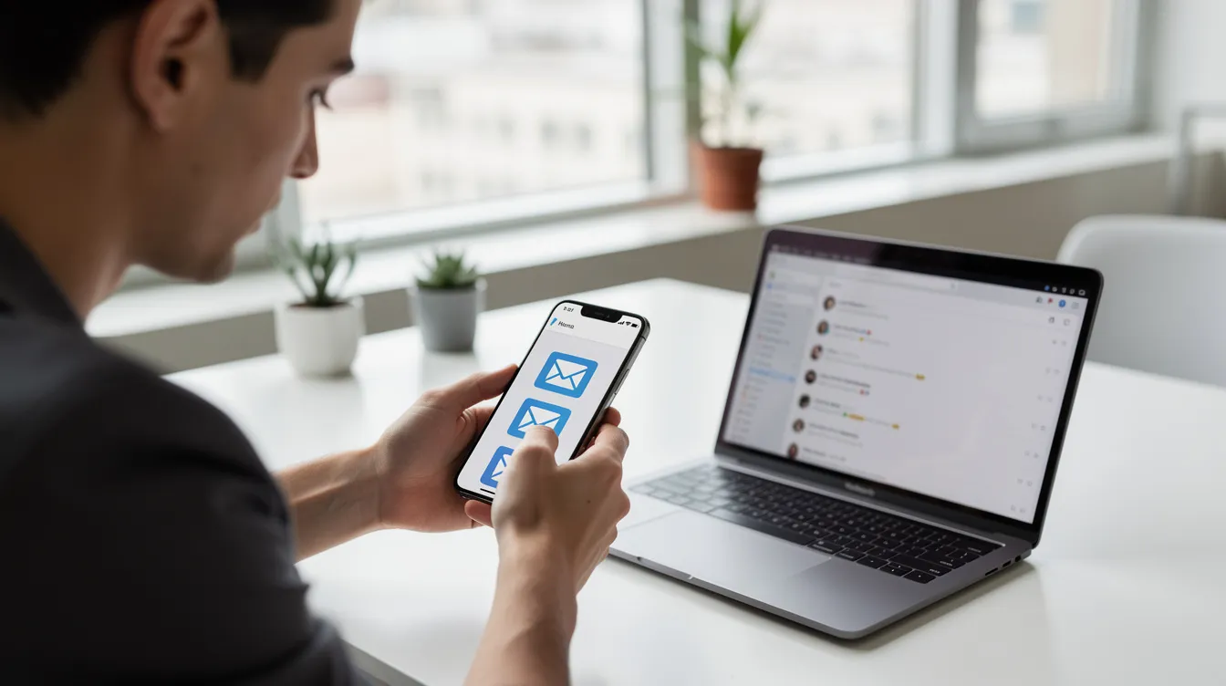 A person is sitting in a modern office, focused on their smartphone, checking email notifications while a laptop is open on the desk. This scene highlights the importance of email marketing strategies and customer engagement in today's digital marketing landscape.