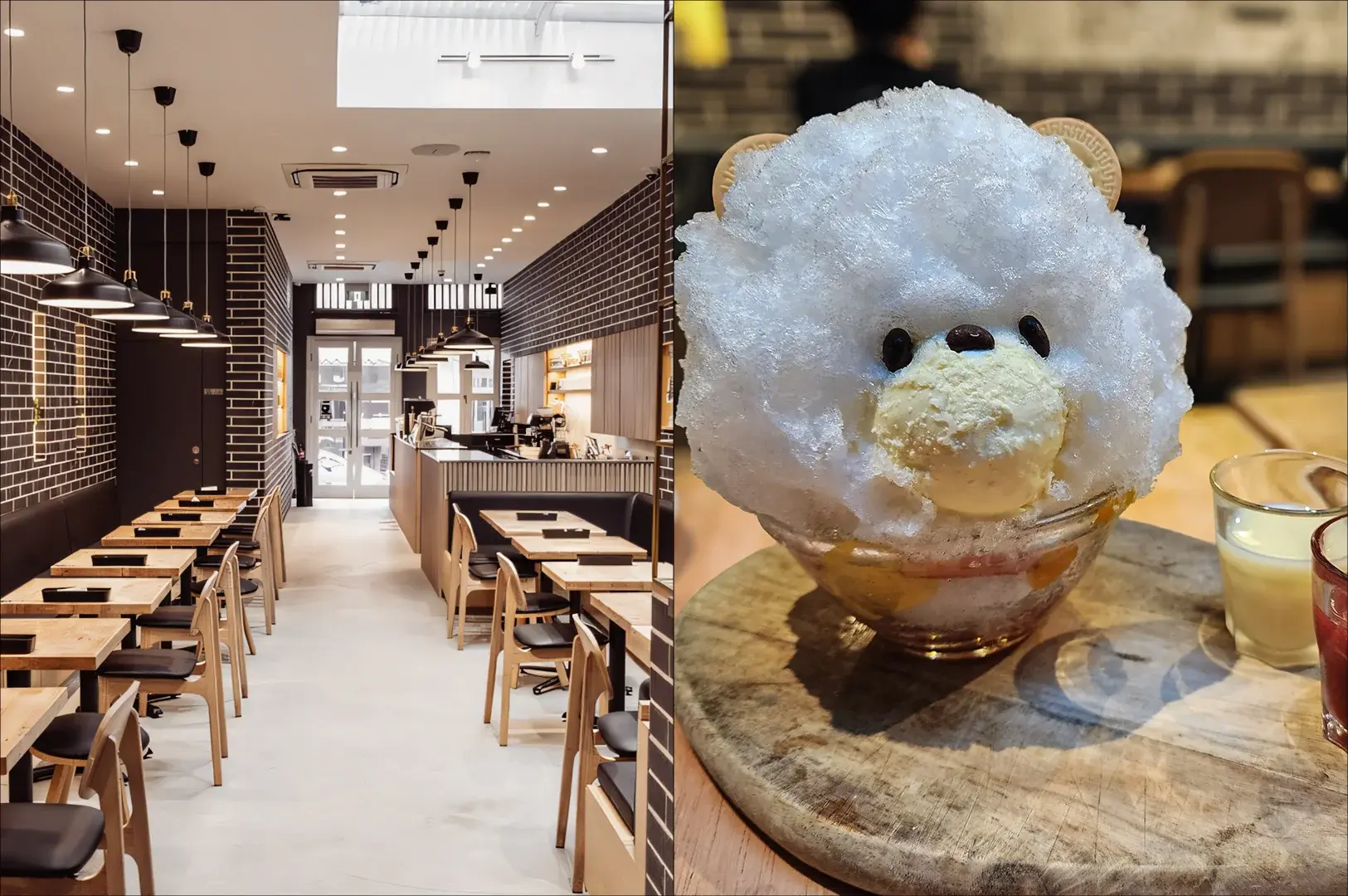 Split image of Baristart Coffee, left showing a wide-angle view of a minimalist café with wooden tables, brick walls, and hanging lights, and right displaying an eye-level close-up of a bear-shaped shaved ice dessert served on a wooden board.