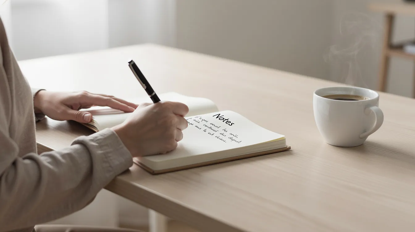 Une personne est assise à un bureau épuré, écrivant dans un carnet avec un stylo, tandis qu'une tasse de café est posée à côté. Cette scène évoque le développement des compétences managériales et la mise en place d'une routine de travail efficace.