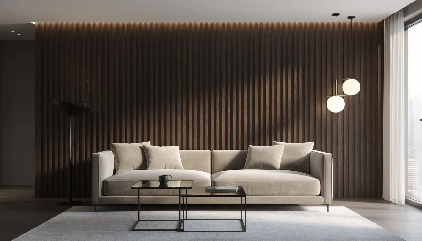 Een moderne woonkamer met een donkere houten lattenwand die als achterwand fungeert achter een luxe bank, verlicht door stijlvolle designverlichting. De combinatie van wandpanelen en de eigentijdse uitstraling creëren een warme en uitnodigende sfeer in de ruimte.