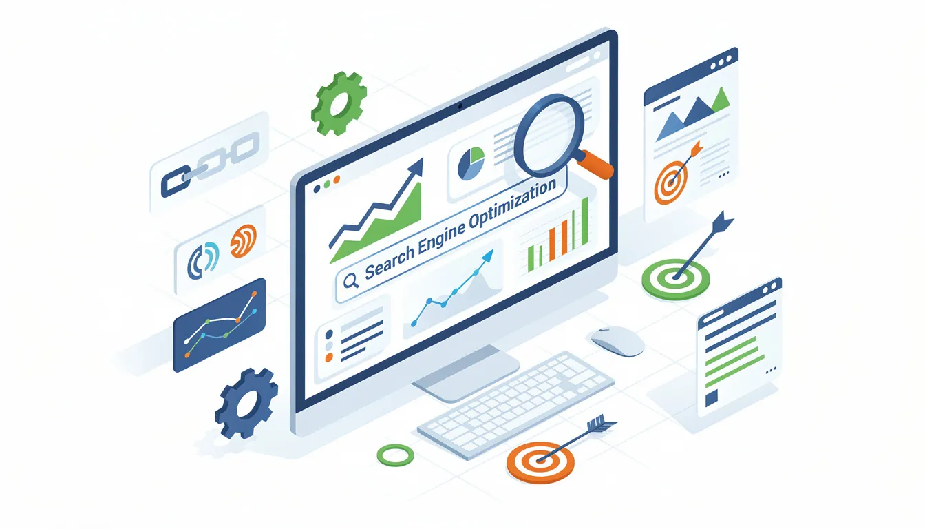 An illustration depicting the concept of Search Engine Optimization (SEO) with a focus on optimizing images for better visibility in Google Images. The image includes elements like image file names, alt text, and responsive images, highlighting the importance of image quality and structured data for enhancing search engine results.